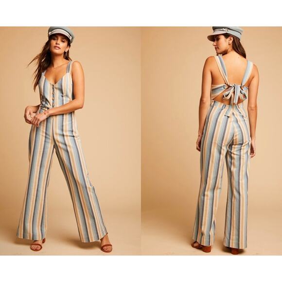 Knot Sisters Lana Jumpsuit linen blend small natural blue stripe zipper side - Picture 1 of 10